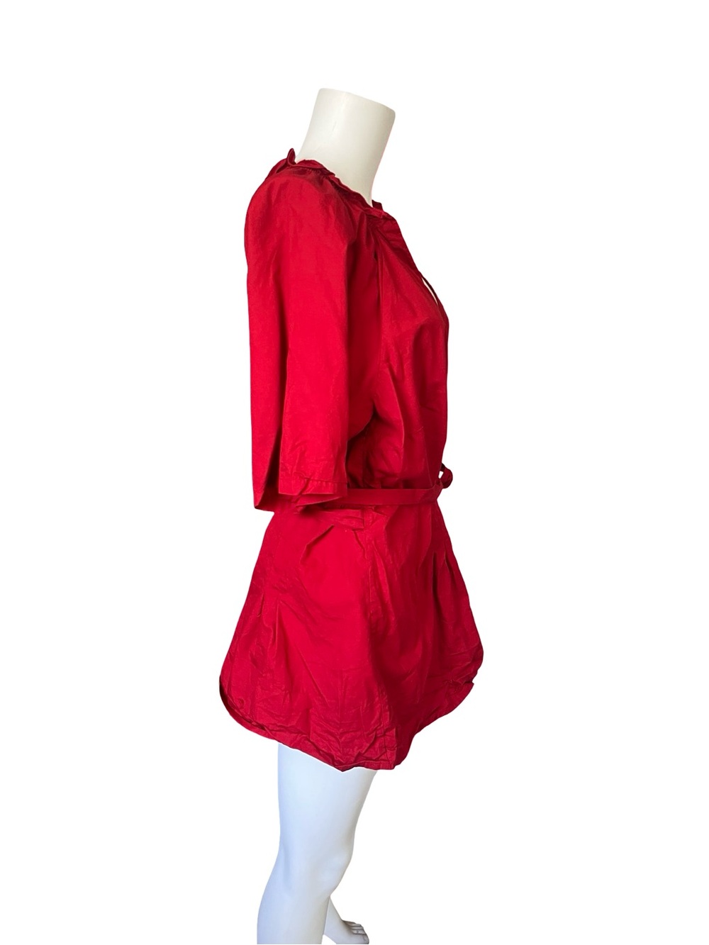 Eshakti Red Wrap Blouse Cotton Ruffle Short Sleeve Polished Old Money Feminine - Picture 4 of 9